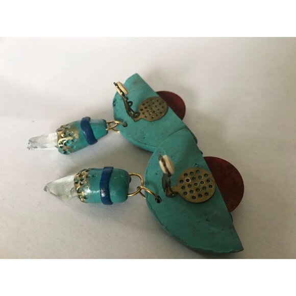 Vtg 1980's Handmade Resin Half Moon Dangle Drop Earrings Amber Cabochon Clip On - Picture 10 of 10